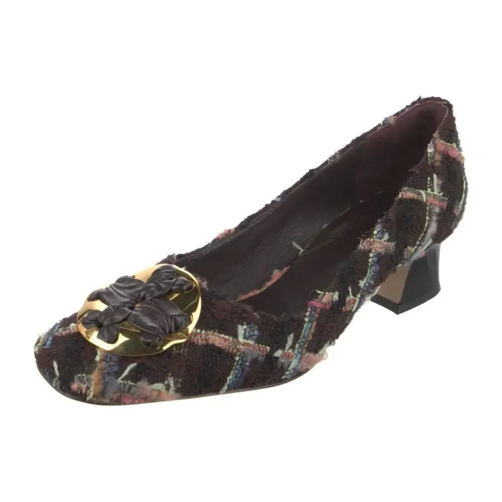 Tory Burch Wool Blend Mixed Media Tweed Plaid Pump In Brown/coco Size 6.5
